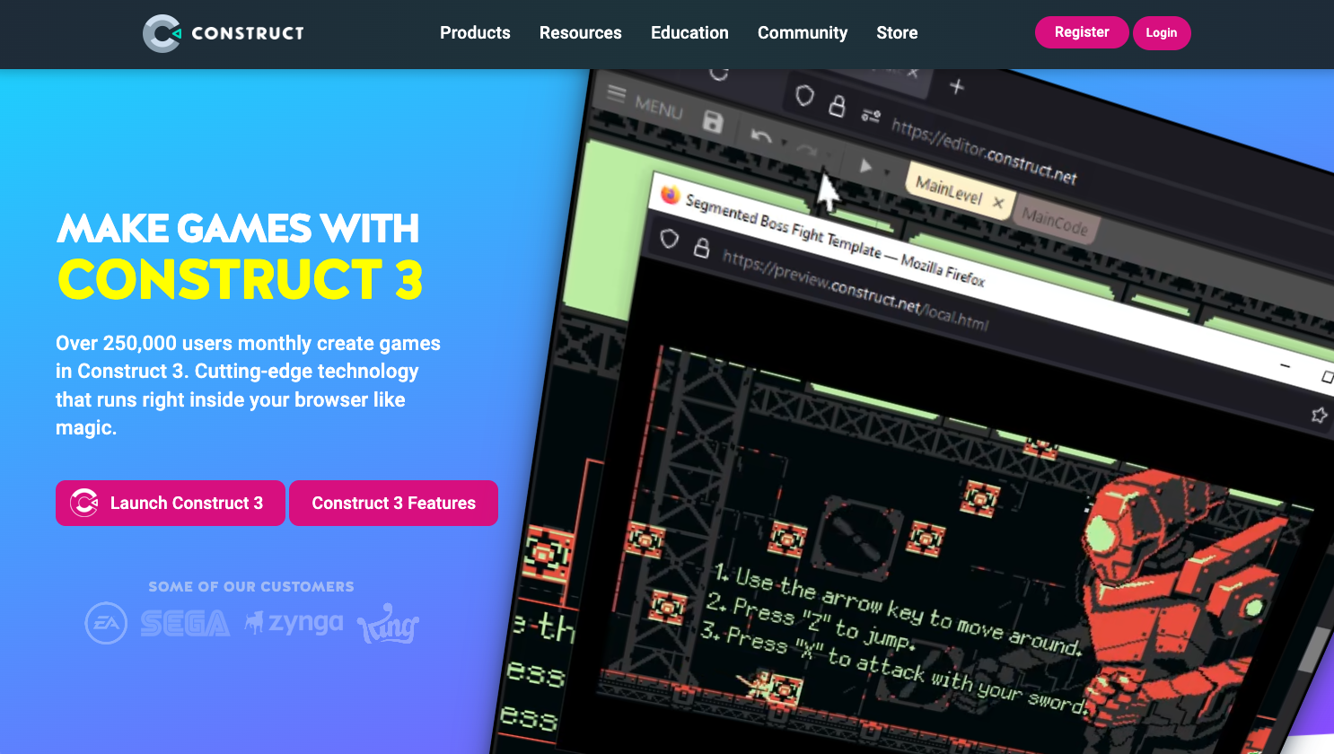 Construct 3 homepage screenshot